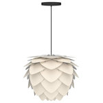 UMAGE - Aluvia Hardwired Pendant, Pearl/Black, Mini - Modern. Elegant. Striking. The VITA Aluvia is an artistic assemblage of 60 precision-cut aluminum leaves, overlapping each other on a durable polycarbonate frame. These metal leaves surround the light source, emitting glare-free, ambient light.  The underside of each leaf is painted white for increased light reflection, and the exterior is finished in one of two different colors: subtle Pearl or dramatic Anthracite. Available in two sizes, the Medium (18.9"H x 23.3"W) can be used as a pendant or hanging wall lamp, while the Mini (11.8"H x 15.7"W) is available as a pendant, table lamp, floor lamp or hanging wall lamp. Hang it over the dining table, position it in a corner, or use as a statement piece anywhere; the Aluvia makes an artistic impact in any room.
