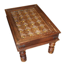 Mogul Interior - Consigned, Antique Coffee Table Brass Medallion Indian Hand-Carved - Coffee Tables