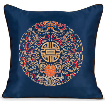 Royal Blue Embroidered Longevity Motif Chinese Silk Pillow
