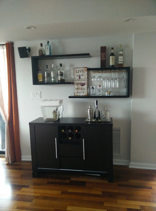 Suggestions to arrange/decoration my floating bar shelves & sideboard