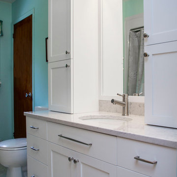 Mint green blue and white bathroom