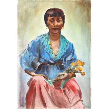 Eve Nethercott "Woman With Flowers, P1.28" Watercolor Painting