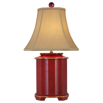 Chinese Red Lacquer Wooden Pagoda Style Table Lamp 25"
