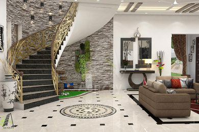 Ejemplo de salón para visitas abierto moderno de tamaño medio con paredes multicolor, suelo de mármol y casetón