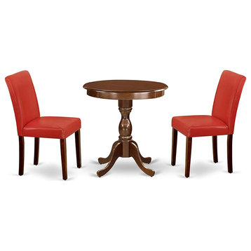 3 Pieces Dining Set, Round Mahogany Table With Red Faux Leather Parson Chairs