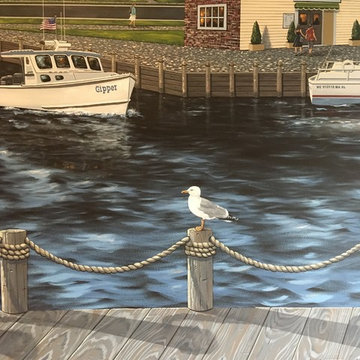 New England Harbor Town Mural, hand painted throughout a lower level