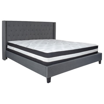 King Size Tufted Platform Bed in Dark Gray with Pocket Spring Mattress