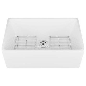 White 24 Inch Small Farmhouse Ceramic Sink with Bottom Grid and Strainer