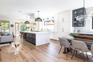 Example of a large transitional single-wall medium tone wood floor and brown floor eat-in kitchen design in Denver with raised-panel cabinets, white cabinets, quartz countertops, porcelain backsplash, stainless steel appliances, an island and white countertops