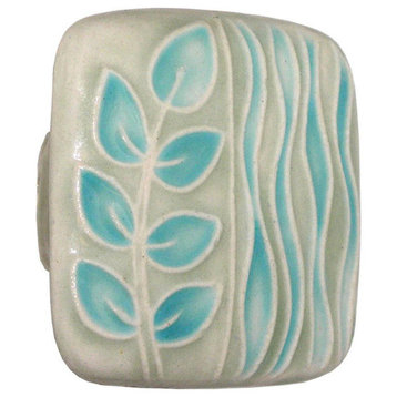 Square Ceramic Branch and Seagrass Knob, Gray and Turquoise