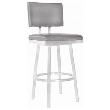 Armen Living Balboa Modern 30" Faux Leather Swivel Bar Stool in Gray and Silver