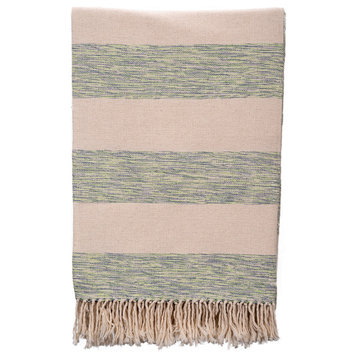 Mixed Weave Cotton Throws & Blankets, Agua Del Mar Green and Natural Stripes, Ex