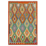 Bareens Designer Rugs - Rustic Turkish Kilim Harriett Hand-Woven Wool Rug - 3'3'' x 4'9'' - Elevate the elegance of your home with this stunning hand-woven tribal Kilim wool rug. Meticulously crafted on a loom by the Nomad Turkman people using hand-spun wool and 100% natural vegetable dyes, these rugs are recognized for their repetitive geometric patterns, incorporating naturalistic floral and traditional designs. The contemporary fashion palette results in bold, sharp patterns that are incredibly versatile, as the pattern is the same on both sides. These reversible rugs feature a lighter shade on one side and brighter colors on the other, providing versatility according to preference. These unique rugs are made by knotting short strands of different colors onto the warps and securing them by tightly pressing the wefts. The designs are created by interweaving the various colored wefts and warps. Kilims are known for their exceptional durability and versatility, making them truly unique rugs.  Product Details    Rug Size: 3'3'' x 4'9''  Material: 100% Wool  Style: Kilim, Flat Weave, Dhurrie, Turkish, Southwestern, Rustic, Tribal  Colors: Blue, Rust  Weave Type: Hand-Woven, Handmade  Pile Height: Less than 0.25 inch