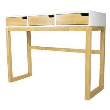 Console Table, Hardwood Frame & 3 Drawers With Cut Out Drawers, Natural/White