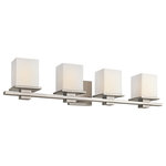 Kichler - Bath 4-Light, Antique Pewter - This 4 light wall fixture from the Tully collection creates a pleasing flow in any bathroom or vanity space. Characterized by clean lines and a simple cubic design, it provides an airy, uncluttered feel with an understated, contemporary flair. Featuring an Antique Pewter finish with Satin Etched Cased Opal Glass, this composition blends effortlessly with existing decor while still leaving a unique impression. May be installed with glass up or down.
