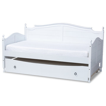 Mara Cottage Farmhouse White Wood Twin Size Daybed With Roll-Out Trundle Bed