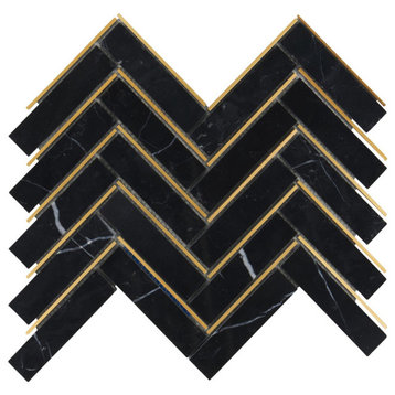 Modket Black Marble Gold Metal Inlay Herringbone Mosaic Tile Backsplash TDH554