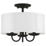 Livex Lighting - Livex Lighting 3 Light Black Semi-Flush Mount - The three-light Brookdale semi-flush combines floral details and casual elements to create an updated look. The hand-crafted off-white fabric hardback drum shade is set off by an inner silky white fabric that combines with chandelier-like black finish sweeping arms which creates a versatile effect. Perfect fit for the living room, dining room, kitchen or bedroom.