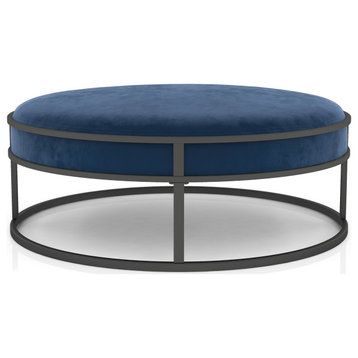 Contemporary Ottoman, Open Metal Base & Soft Round Polyester Cushion, Navy Blue
