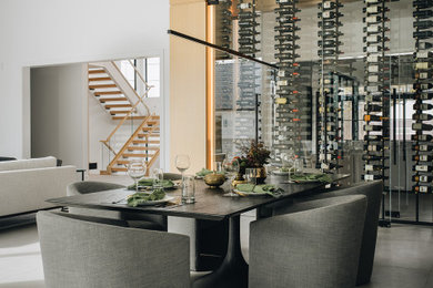 Inspiration for a contemporary gray floor and exposed beam great room remodel in Chicago with white walls