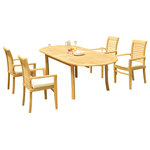 Teak Deals - 5-Piece Outdoor Teak Dining Set: 94" Oval Extn Table, 4 Mas Stacking Arm Chairs - Set includes: 94" Double Extension Oval Dining Table and 4 Stacking Arm Chairs.