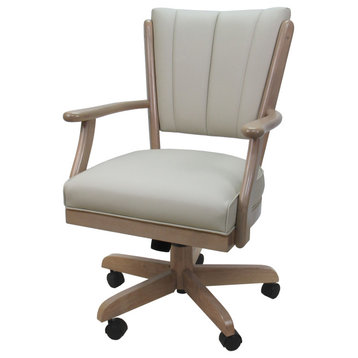 Dining Solid Wood Caster Chair on Wheels Classic, Ocean Beige Vinyl White Wash