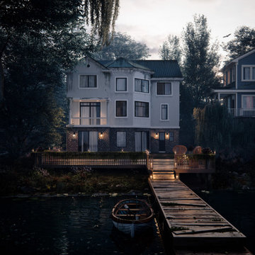 Atmospheric 3D exterior rendering of a luxury house near the lake