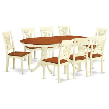 East West Furniture Plainville 9-piece Dining Set with Wood Seat in Cherry