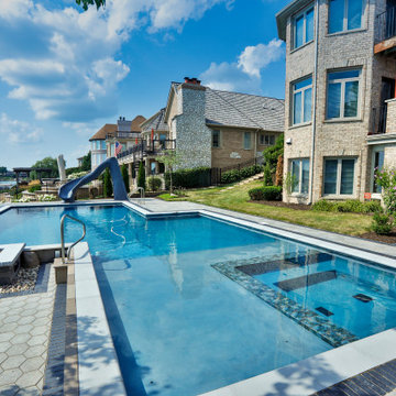 Plainfield, IL Geometric Swimming Pool with Interior Hot Tub