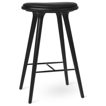 Mater High Stool Bar Height 29.1", Black Leather Seat