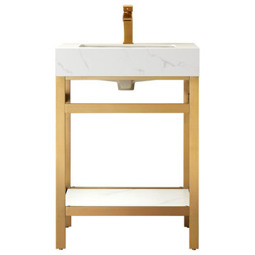 Funes Bath Vanity without Mirror, Brushed Gold Support, 24'', White Stone Top