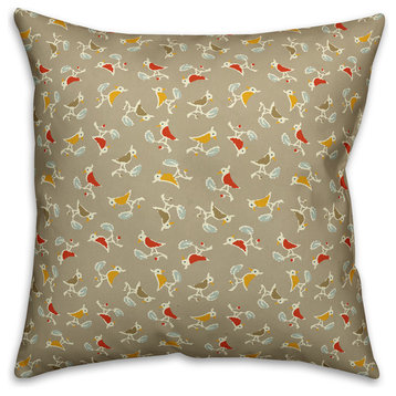 Songbird Pattern, Tan Outdoor Throw Pillow, 20"x20"