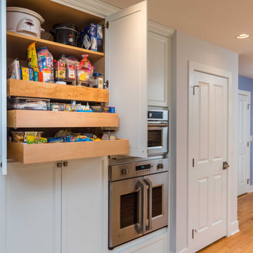Modern Kitchen with White Flat Panel Shaker Cabinets & Natural Stone Backsplash