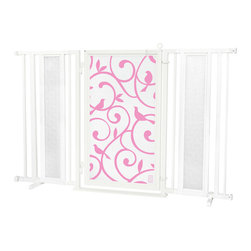 Fusion Gates - Fusion Gate with Songbirds in Pink Design, White Pearl, 60"-65" - Dog Gates