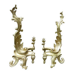 Late Victorian Brass Rococo Style Andirons - Fireplace Grates And Andirons
