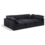 Meridian Furniture - Indulge Upholstered Modular U-Shaped Sectional, Black, 6-Piece: 3 Armless Chair, 2 Corner Chair, 1 Ottoman, Down Stuffed Linen Textured Fabric - Experience ultimate comfort and style with our black linen textured fabric Indulge Sectional. The luxurious linen texture of the fabric will elevate the aesthetic of any room. This sofa provides ample space for you to relax while its modular build offers the option of unlimited configurations. Whether you're looking to add a stylish element to your living room or a comfortable seating option to your bedroom, this sofa is the perfect choice.