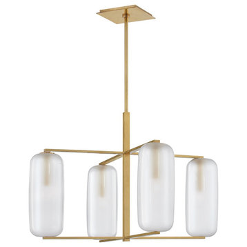 Pebble 4 Light Chandelier, Aged Brass Finish, Frosted Glass