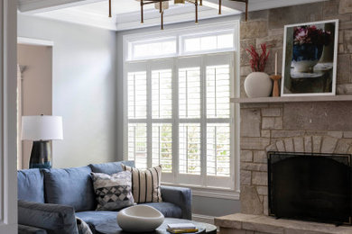 Transitional family room photo in Chicago with gray walls