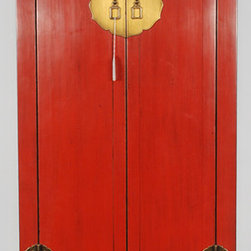 Asian-Inspired Red Lacquered Tall and Slender Cabinet - Products