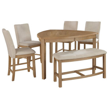 Natural Rustic Wood 6pc Dining Set in Counterheight with Beige Linen Chairs