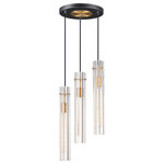 Maxim - Flambeau Three Light Chandelier - An exquisite collection featuring scalloped cylindrical Clear glass shades on unique metal frames finished in a combination of Black and Antique Brass. The cascading design of the chandeliers can be paired over a dining table or used as an entry fixture.
