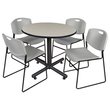Kobe 36" Round Breakroom Table- Maple & 4 Zeng Stack Chairs- Grey