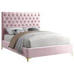 Meridian Furniture - Cruz Velvet Upholstered Bed, Pink, Queen - Revamp your bedroom space with this sumptuously crafted Cruz queen bed from Meridian furniture. The star of the show here is the headboardits tufted with deep button tufts that not only keep its thick padding in place and aloft, but also add a modern, textural look to your space. Sleek pink velvet upholstery feels luxuriously upscale to the touch, and the high headboard and the minimalist platform frame with metal feet add a timelessly contemporary silhouette to your space.