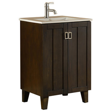 24" Solid Wood Sink Vanity With Ceramic Basin, Brown