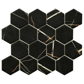 3" Hexagon Matte Glass Mosaic Wall and Floor Tile, Nero Black