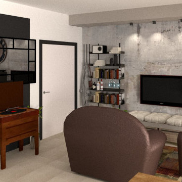 Render per il progetto di restyling di soggiorno in stile industrial