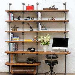 Nita Reclaimed Scaffolding Board & Dark Steel pipe Curved Shelving & Desk Unit - Bookcases