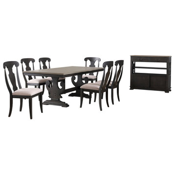 8 Piece Extendable Dining Set, Black/Brown Wood, Table, 6 Chairs, Server