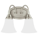 Generation Lighting - Holman 2-Light 12" Bathroom Vanity Light in Brushed Nickel - The Holman collection by Sea Gull Lighting brings versatility and style to those just starting out. With softly flared glass and curved arms, there is just enough detail to give the overall look a lift while keeping it simple enough for those on a budget. Several chandeliers and sconces can be installed with lighting shining up or down, allowing the fixture to be customized for the specific space and function. Offered in a Brushed Nickel finish or Heirloom Bronze finish, both with Satin Etched glass. The assortment includes nine-light, five-light and three-light chandeliers, pendants in five sizes, both flush and semi-flush ceiling fixtures, as well as one-light, two-light three-light and four-light wall/bath fixtures. Both incandescent lamping and ENERGY STAR-qualified LED lamping are available. All fixtures are California Title 24 compliant.  This light requires 2 , 10W Watt Bulbs (Not Included) UL Certified.