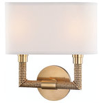 Hudson Valley Lighting - Dubois, 2-Light Wall Sconce, Aged Brass Finish, Off White Linen Shade - Using the art of lost-wax casting to achieve greater depth and detail, Dubois accomplishes a rich basketweave texture. This fixture expands a room's textural palette while adding space-conservative accent light.